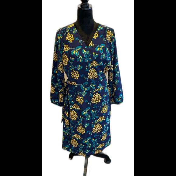 J. Crew Navy Blue Gold Floral Wrap Dress Plus Size 16 in 365 Crepe Fabric J.Crew - Picture 2 of 11